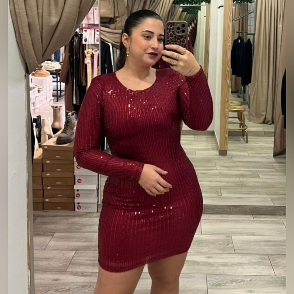 Burgundy Sequin Long-Sleeve Dress